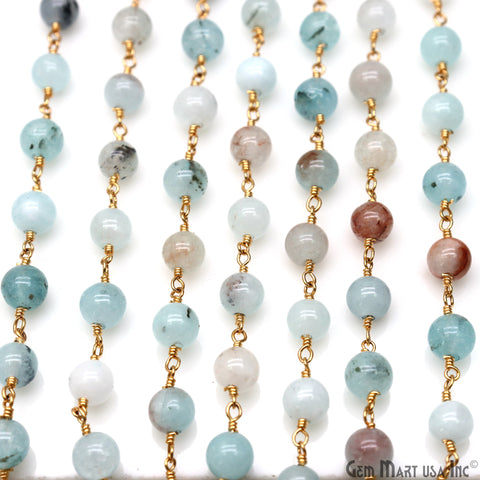 Blue Onyx Cabochon Beads 6mm Gold Wire Wrapped Rosary Chain