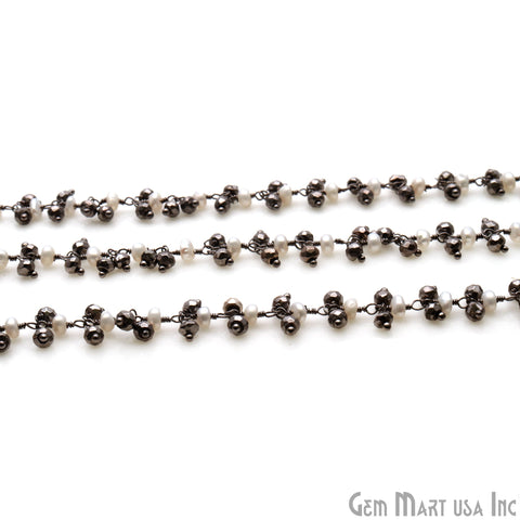 Pyrite With Freshwater Pearl 2.5-3m Oxidized Wire Wrapped Cluster Rosary Chain - GemMartUSA