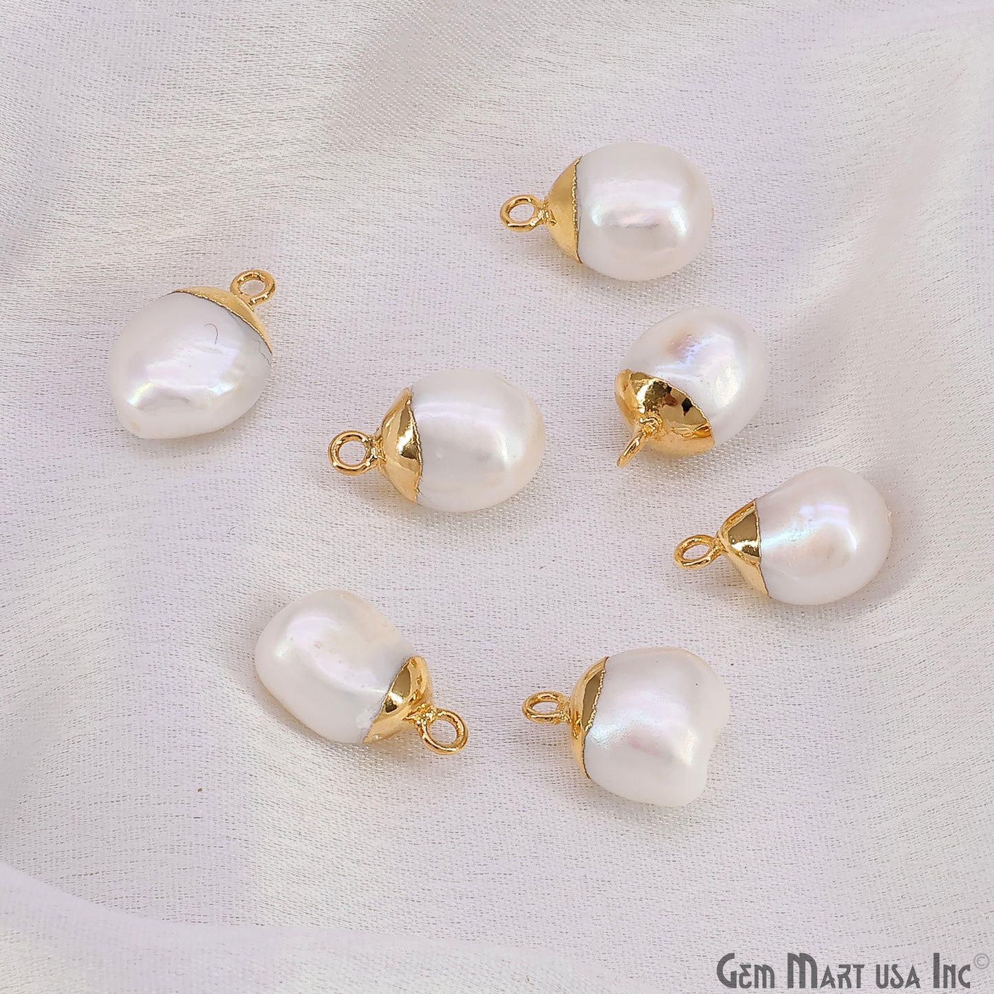 White Pearl Freeform Charm With Gold Electroplated Cap Single Bail Pendant