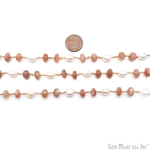 Peach Moonstone & Freshwater Pearl Faceted 10-11mm Beads Gold Plated Wire Wrapped Rosary Chain