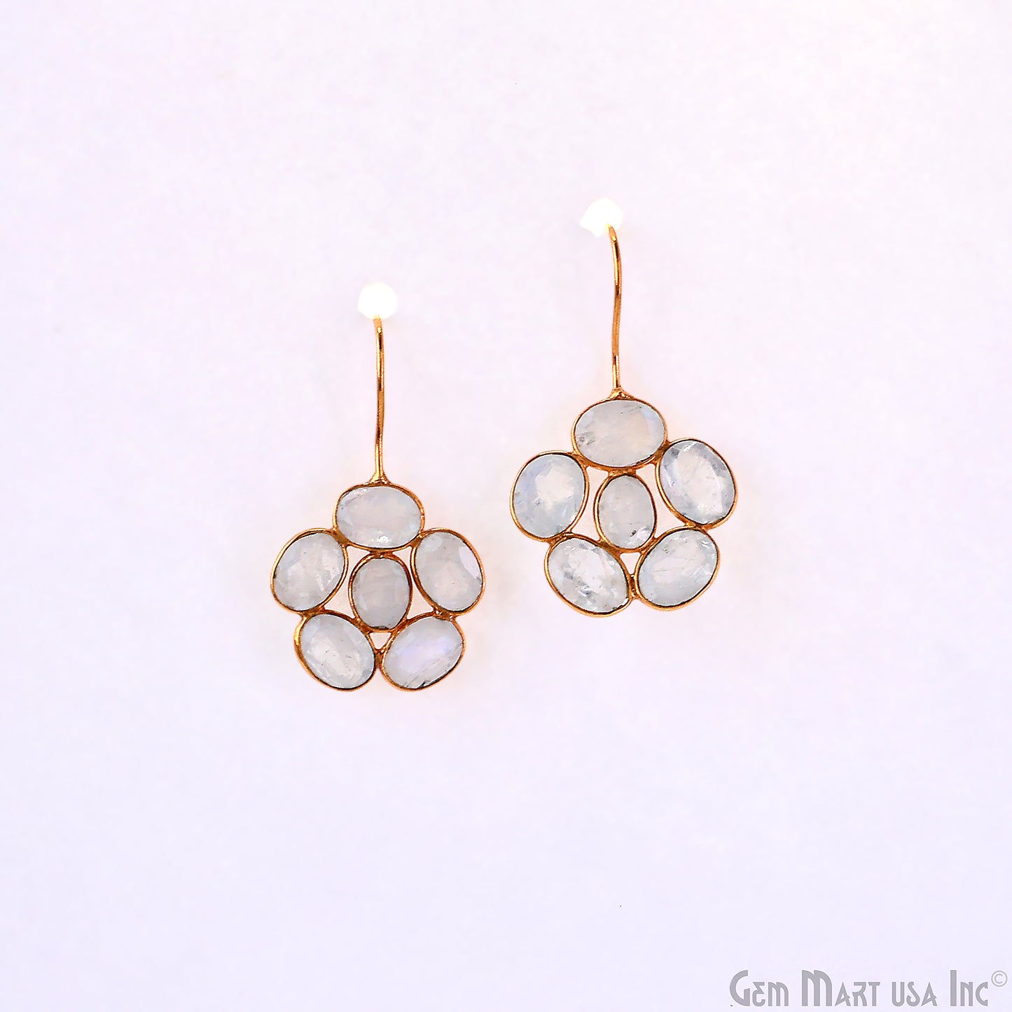 Rainbow Moonstone Drop Earrings 35x21mm Oval Cluster, Gold Plated Dangle Jewelry