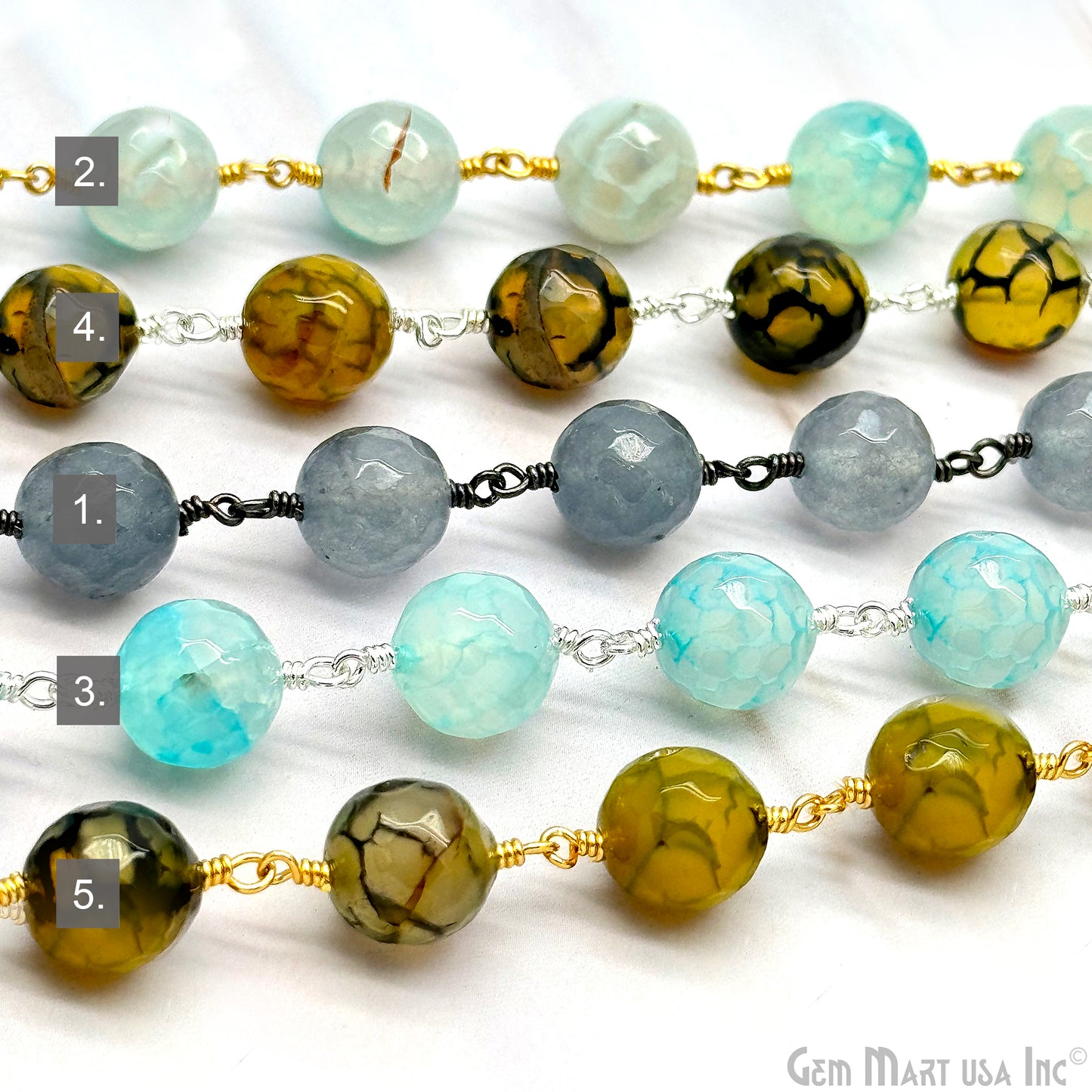 Dyed Jade Bead Faceted Crystal Round Rosary Chain, Silver/Black/Gold Plating, 10mm, 1+ ft