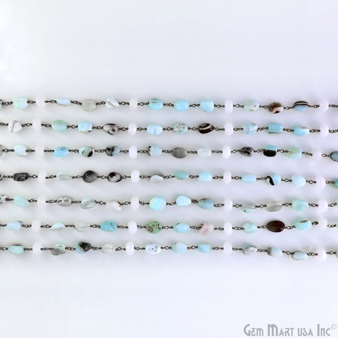 Amazonite & White Chalcedony Tumble Beads Oxidized Wire Wrapped Rosary Chain