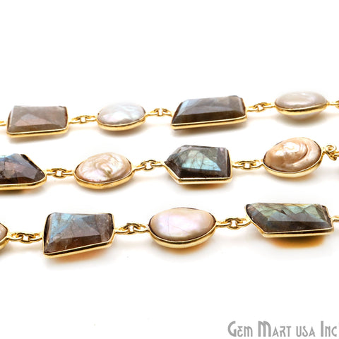 Labradorite And Freshwater Pearl Bezel Gold Plated 10-15mm Continuous Connector Chain - GemMartUSA