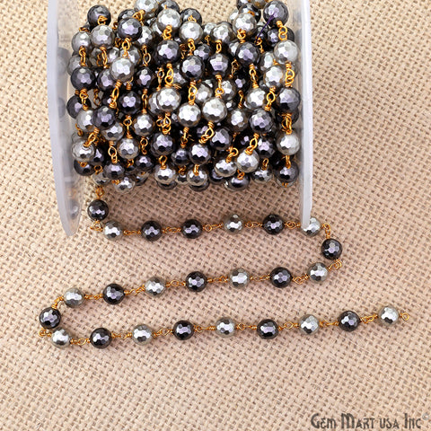 Black & Silver Pyrite Faceted Beads 6-7mm Gold Wire Wrapped Rosary Chain