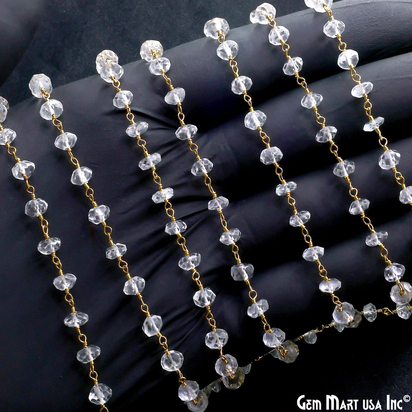 White Topaz Faceted 5-6mm Gold Wire Wrapped Beads Rosary Chain