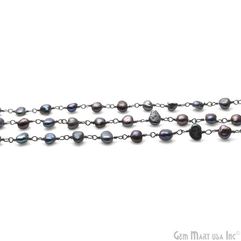 Black Freshwater Pearl Free Form 5-6mm Oxidized Beads Rosary Chain