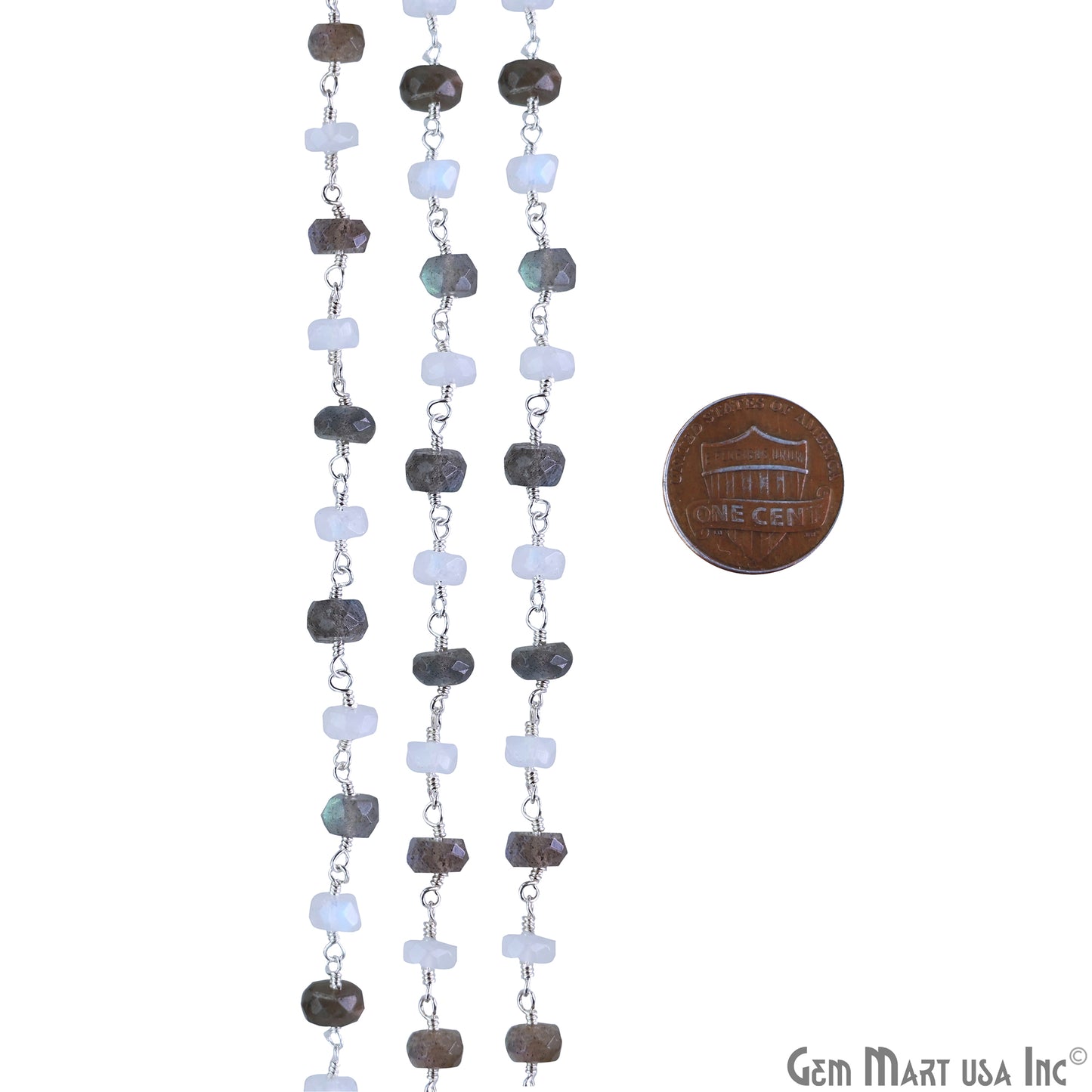 Moonstone & Labradorite Oblate Faceted Beads 6-7mm Silver Wire Wrapped Rosary Chain