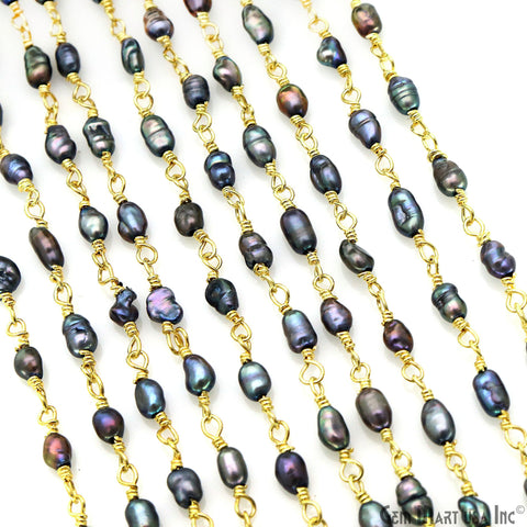 Black Freshwater Pearl Oval 4x3mm Gold Wire Wrapped Beads Rosary Chain