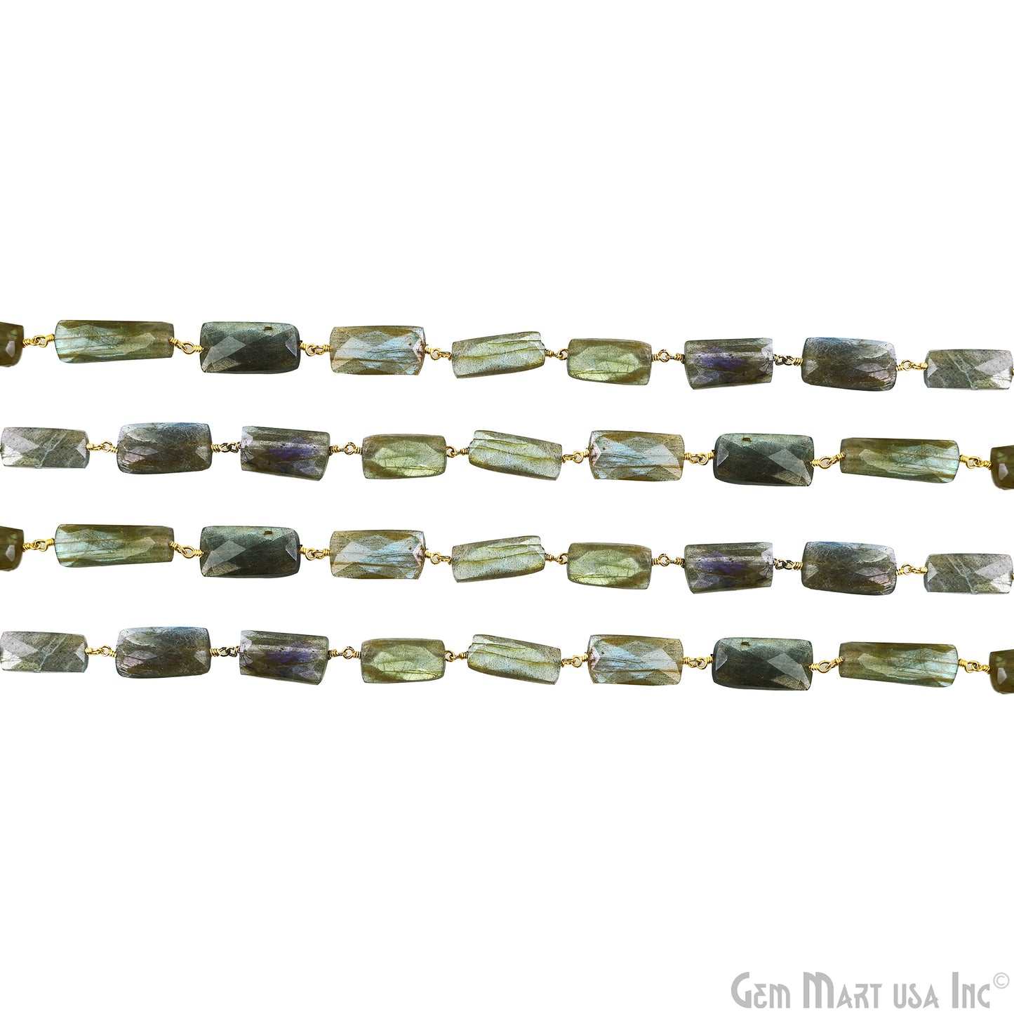 Labradorite Rectangle 19x8mm Beaded Gold Wire Wrapped Rosary Chain