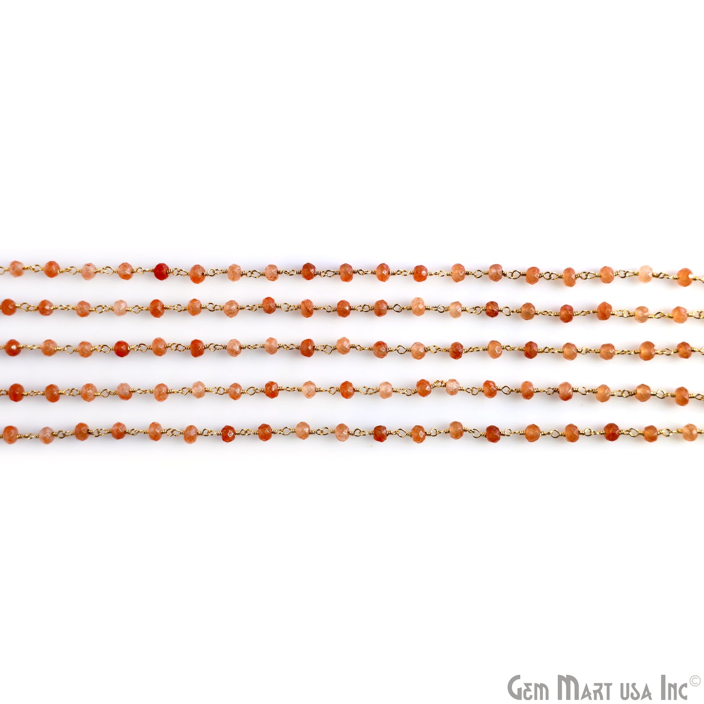 Sunstone 4mm Round Faceted Beads Gold Wire Wrapped Rosary