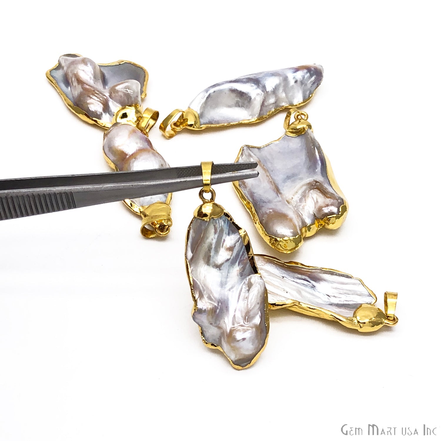 DIY Natural Freshwater Pearl Gemstone Gold Edge Free Form Pendant - GemMartUSA