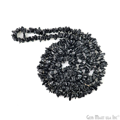 Black Tourmaline Chip Beads, 34 Inch, Natural Chip Strands, Drilled Strung Nugget Beads, 3-7mm, Polished, GemMartUSA (CHKT-70001)