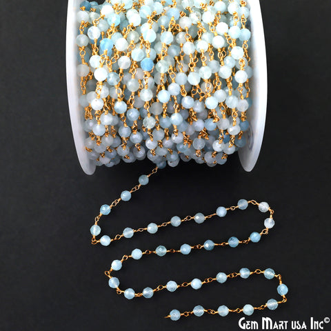 Aquamarine 4mm Gold Plated Wire Wrapped Gemstone Beads Rosary Chain