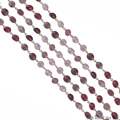 Strawberry Quartz 8x5mm Tumble Beads Gold Plated Rosary Chain