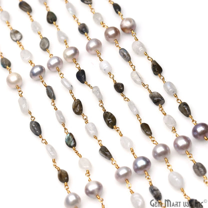 Labradorite, Freshwater Pearl & Rainbow Moonstone Tumble Beads Gold Wire Wrapped Rosary Chain