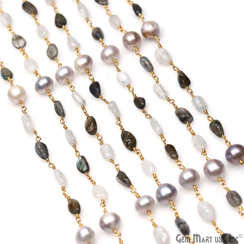 Labradorite, Pearl & Rainbow Moonstone Tumble Beads Gold Wire Wrapped Rosary Chain