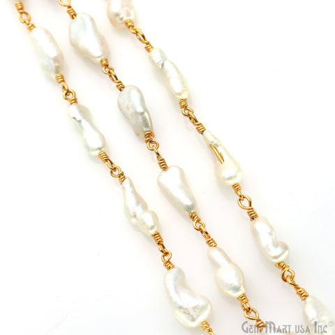 Freshwater Pearl Free Form 14x8mm Gold Wire Wrapped Rosary Chain