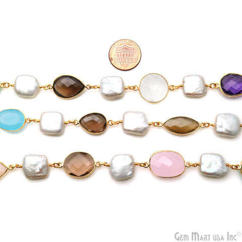 Multi-Color & Mix Shape Gemstone With Square Freshwater Pearl Beads 10-15mm Gold Bezel Faceted Continuous Connector Chains