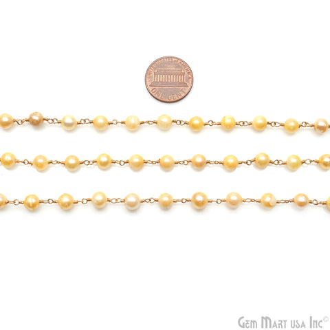 Golden Freshwater Pearl Round 5-6mm Gold Wire Wrapped Beads Rosary Chain