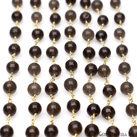 Smoky Topaz Cabochon Beads 6-7mm Gold Wire Wrapped Rosary Chain