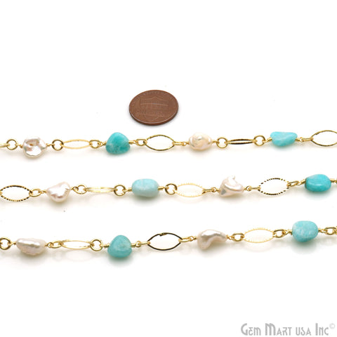 Amazonite & Freshwater Pearl With Gold Marquise Finding Rosary Chain
