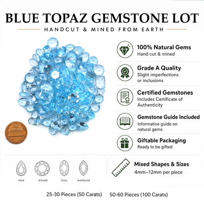 Blue Topaz Wholesale Gemstones, 100% Natural Semi-Precious Gems, Blue Faceted Loose Gems, 4-8mm, Mixed, 50 Carats