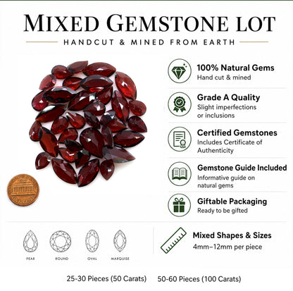 Garnet Wholesale Gemstones, 100% Natural Semi-Precious Gems, Red Faceted Loose Gems, 4-8mm, Mixed, 50 Carats