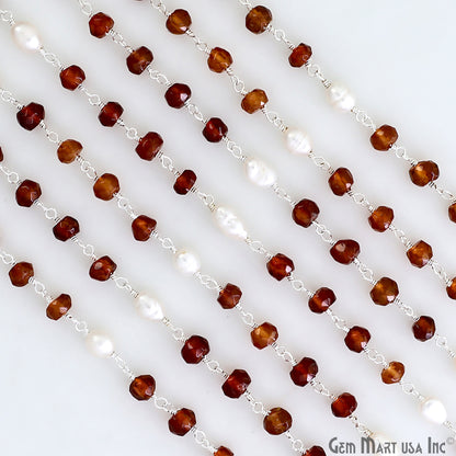 Hessonite 4-5mm & Pearl 5x4mm Beads Beads Silver Plated Rosary Chain