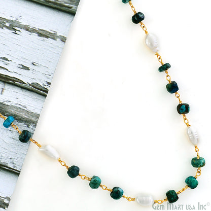 Chrysocolla and Pearl Rondelle Beads Gold Wire Wrapped Rosary Chain