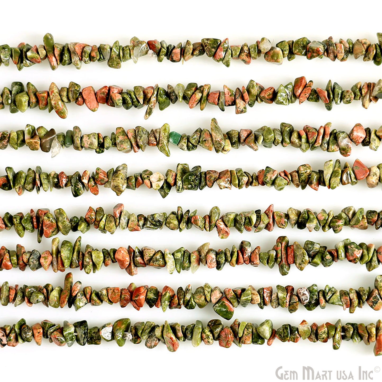 Unakite Chip Beads, 34 Inch, Natural Chip Strands, Drilled Strung Nugget Beads, 3-7mm, Polished, GemMartUSA (CHUN-70001)