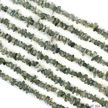 Labradorite Chip Beads, 34 Inch, Natural Chip Strands, Drilled Strung Nugget Beads, 3-7mm, Polished, GemMartUSA (CHLB-70001)