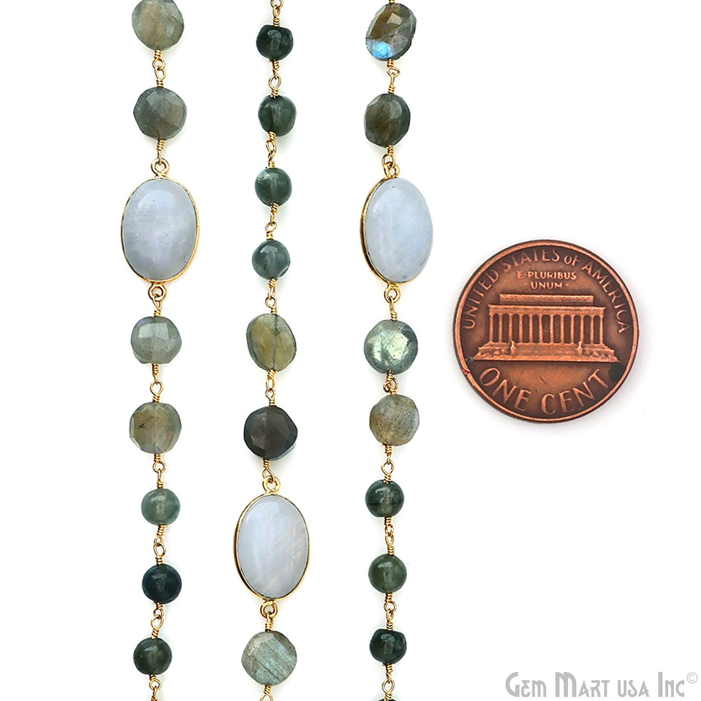 Labradorite Beads & Coin With Rainbow Moonstone Oval Bezel Gold Plated Rosary Chain