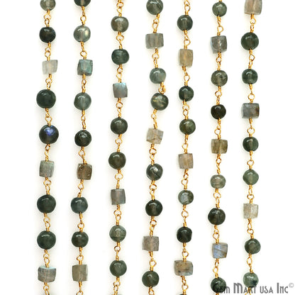 Labradorite Cabochon Round 5mm & Box 6mm Beads Gold Plated Rosary Chain