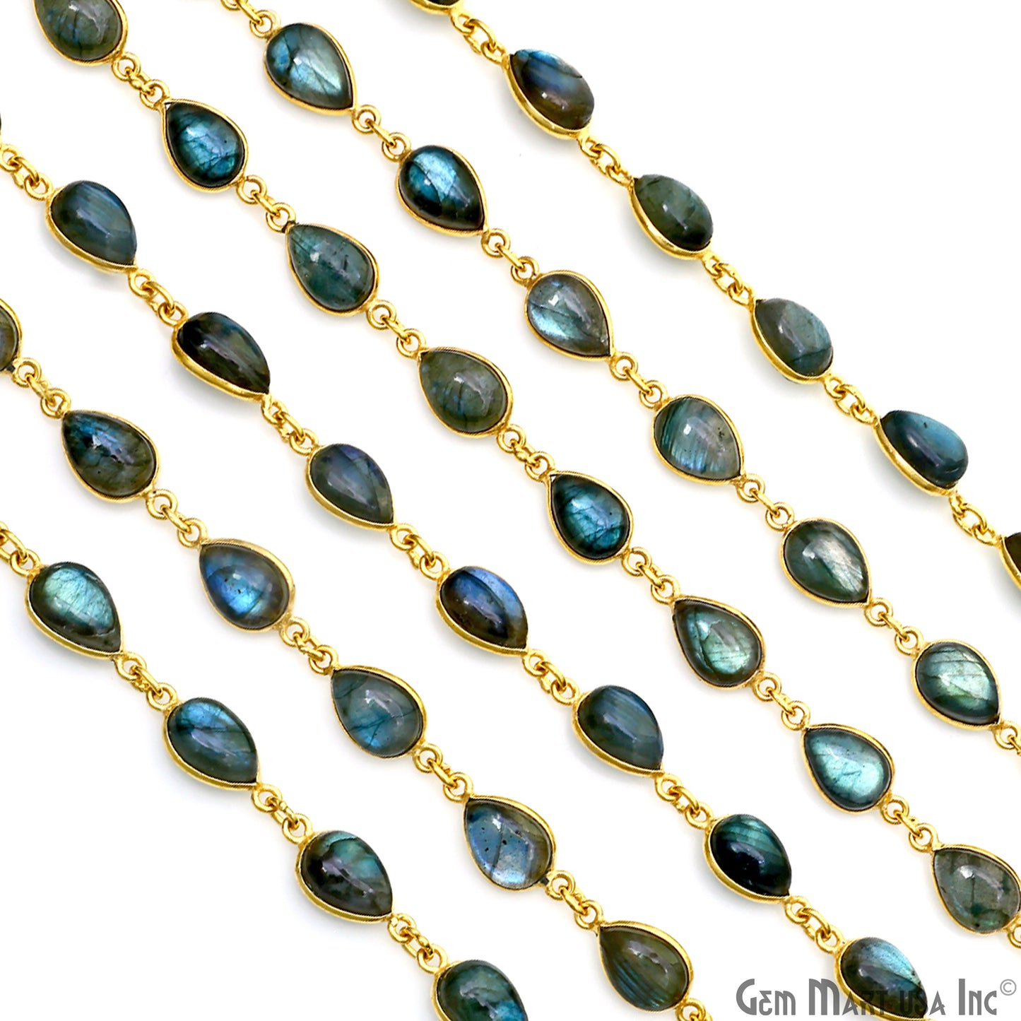 Labradorite Cabochon Pears 7x11mm Gold Plated Bezel Continuous Connector Chain