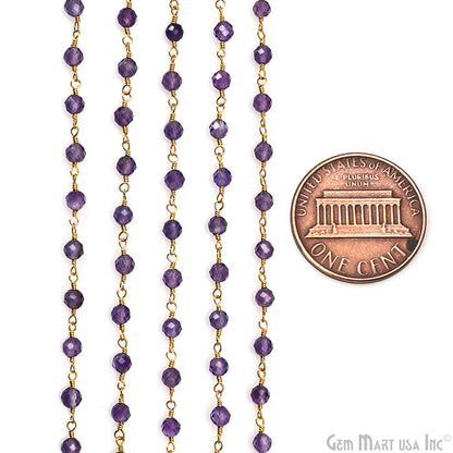 Amethyst 4mm Gold Plated Beaded Wire Wrapped Rosary Chain