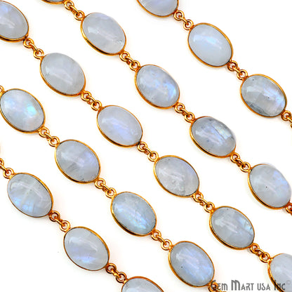 Rainbow Moonstone Cabochon Oval 10x14mm Gold Plated Continuous Connector Chain