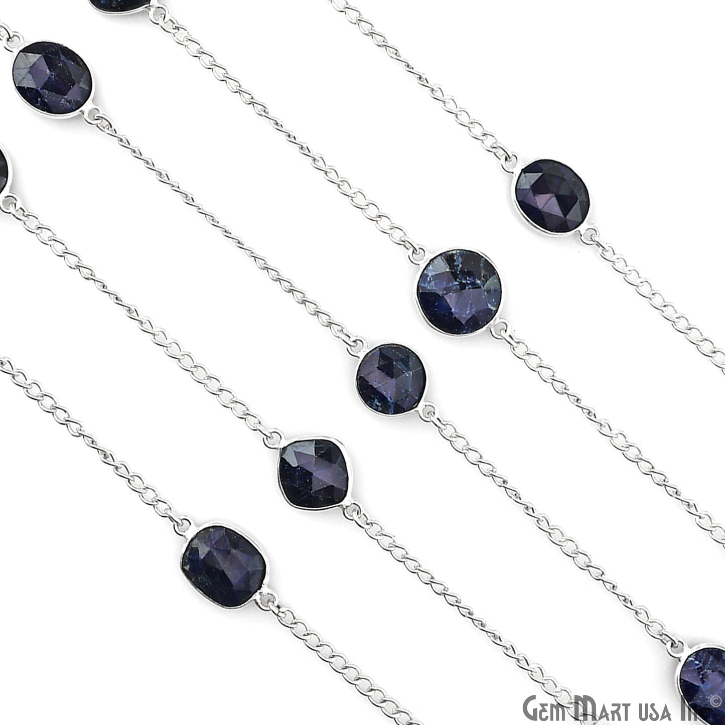 Sapphire 10-15mm Mix Shape Silver Plated Bezel Connector Link Rosary Chain