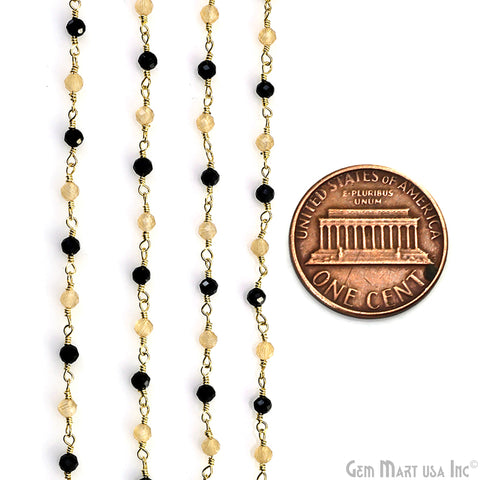 Caramel Monalisa & Black Monalisa Faceted 3-3.5mm Gold Plated Beaded Wire Wrapped Rosary Chain