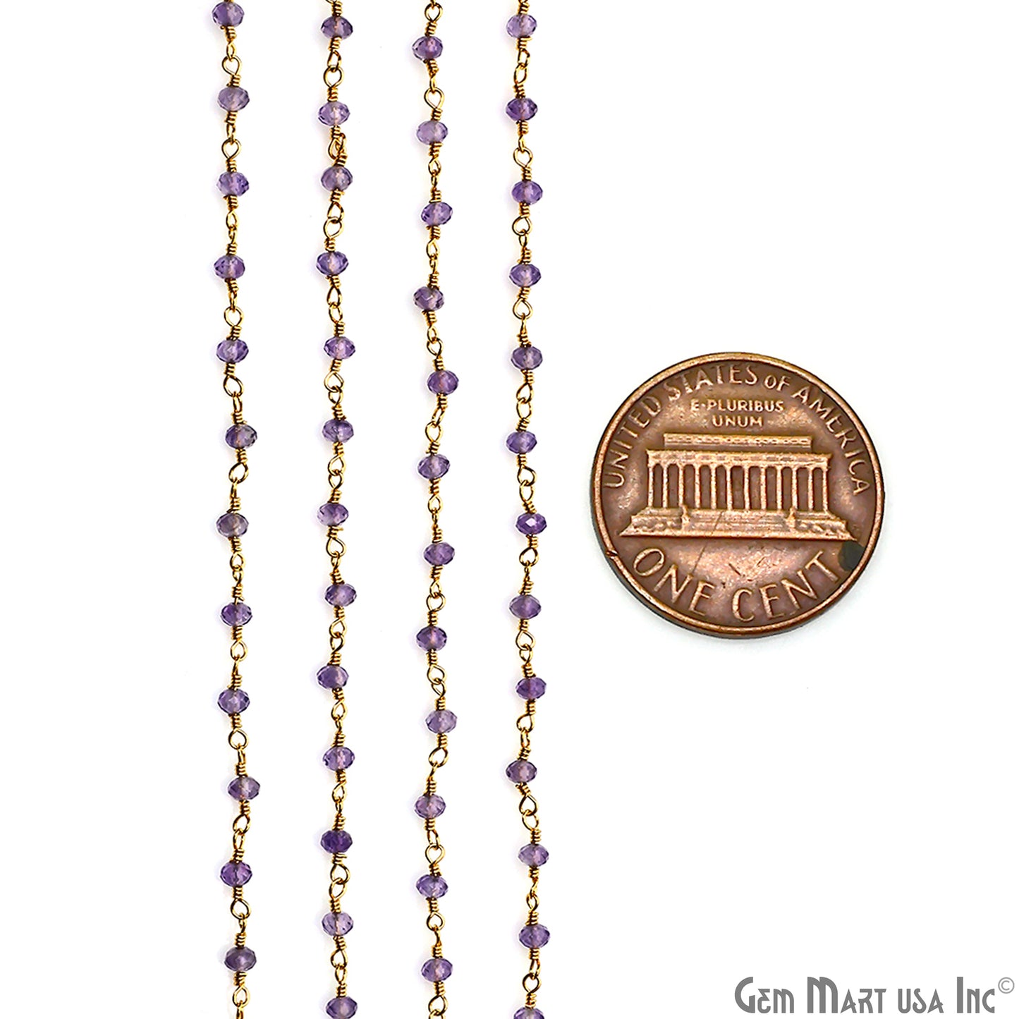 Pink Amethyst 3-3.5mm Gold Plated Beaded Wire Wrapped Rosary Chain