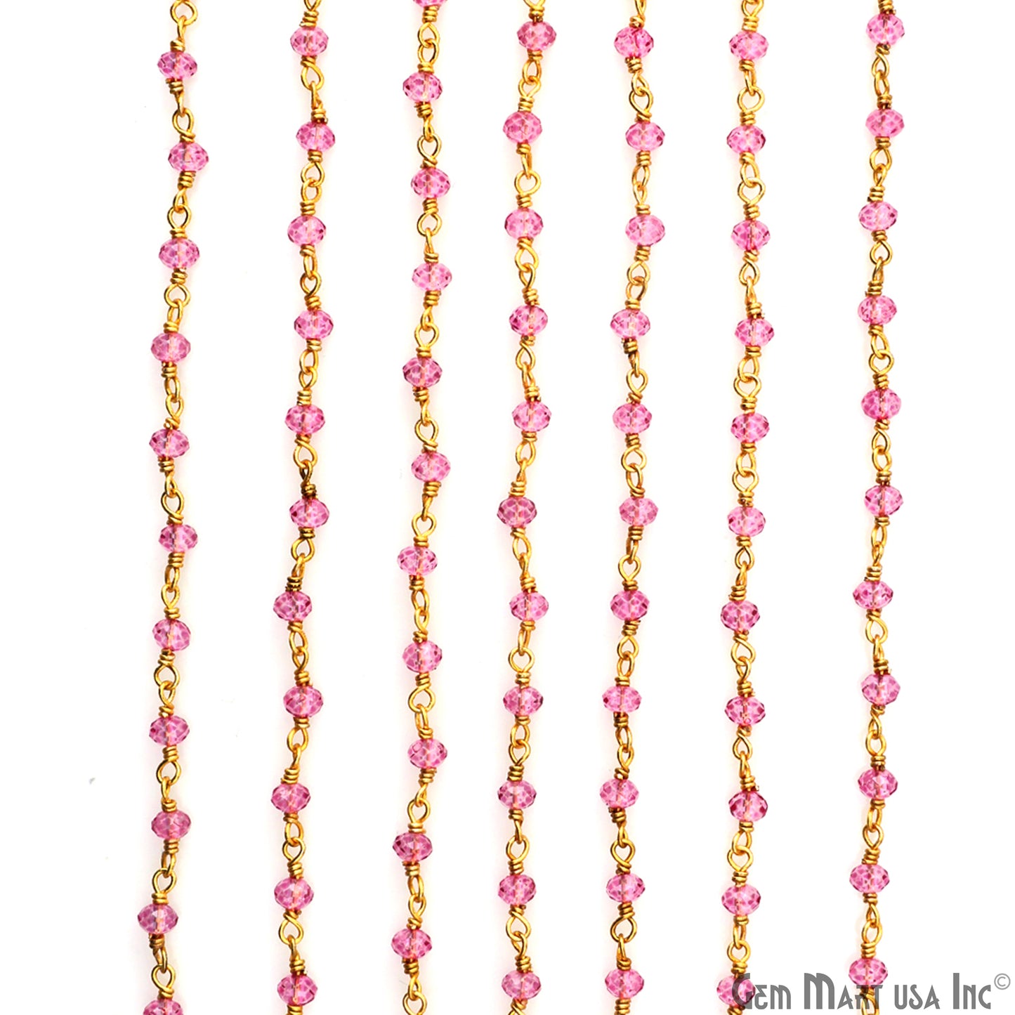 Pink Topaz 3-3.5mm Faceted Gemstone Beaded Gold Wire Wrapped Rosary Chain