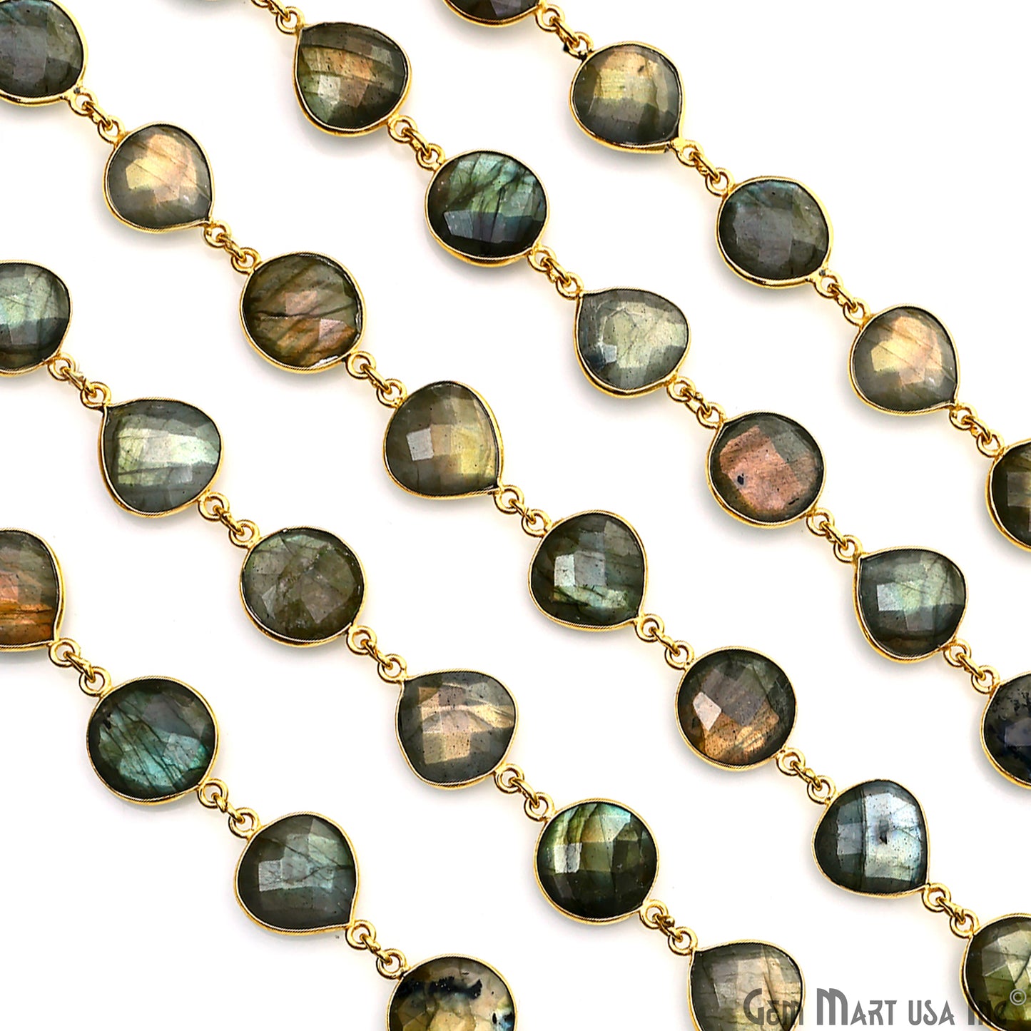 Labradorite Round & Heart 12mm Gold Plated Bezel Continuous Connector Chain