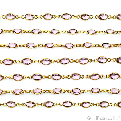 Pink Zircon Oval 7x5mm Bezel Link Silver Plated Continuous Connector Chain