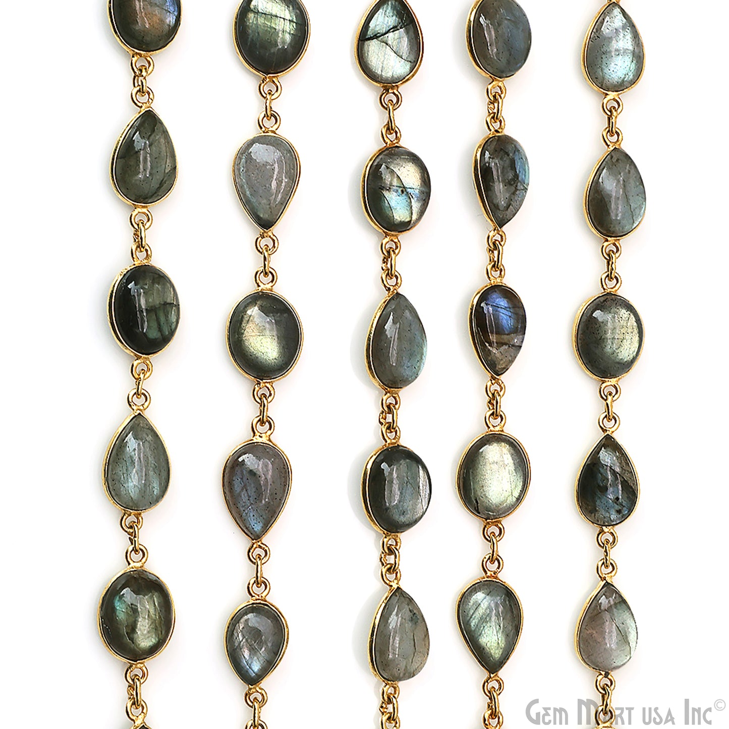 Labradorite Oval 9x11mm & Pears 8x12mm Gold Plated Bezel Cabochon Continuous Connector Chain