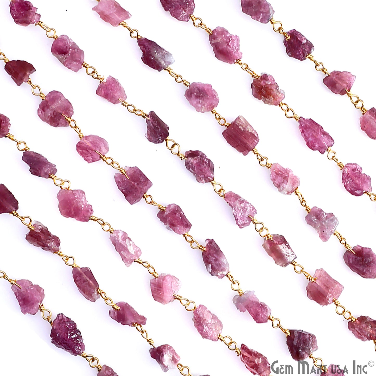 Pink Tourmaline 6x8mm Nugget Rough Gemstone Gold Wire Wrapped Rosary Chain