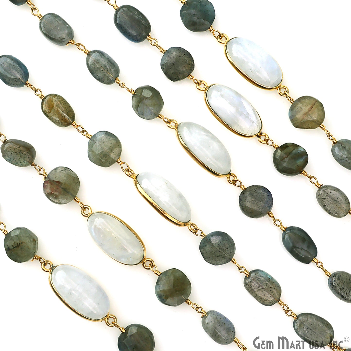 Labradorite & Rainbow Moonstone Bezel Gold Plated Wire Wrapped Rosary Chain