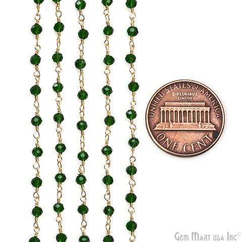 Green Zircon Faceted 3-3.5mm Gold Plated Beaded Wire Wrapped Rosary Chain