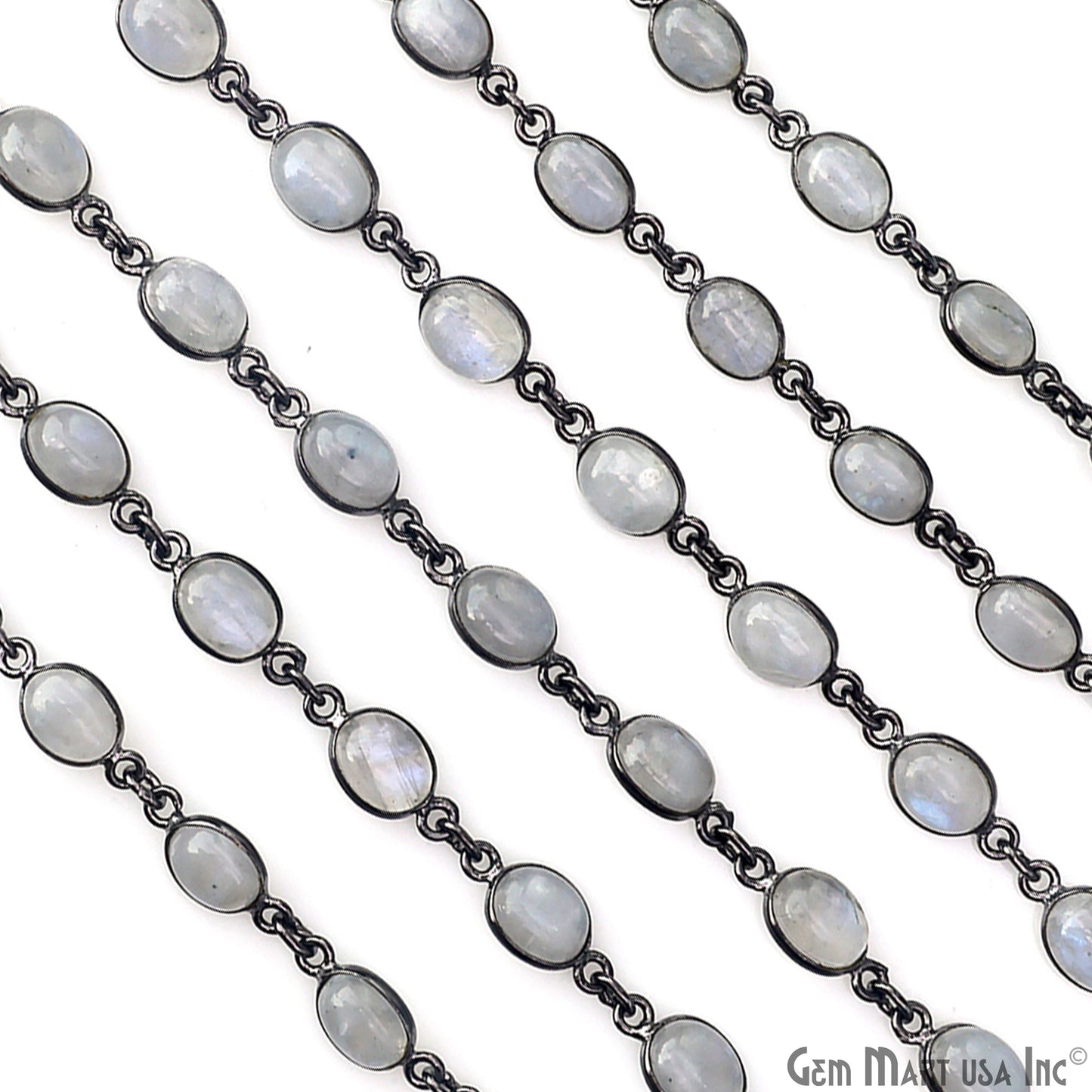 Rainbow Moonstone 6x8mm Oval Oxidized Bezel Cabochon Continuous Connector Chain