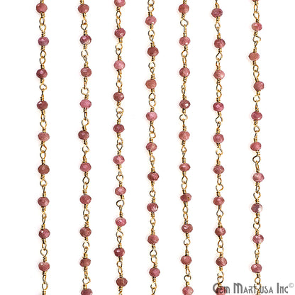 Pink Tourmaline 3-3.5mm Gold Plated Beaded Wire Wrapped Rosary Chain