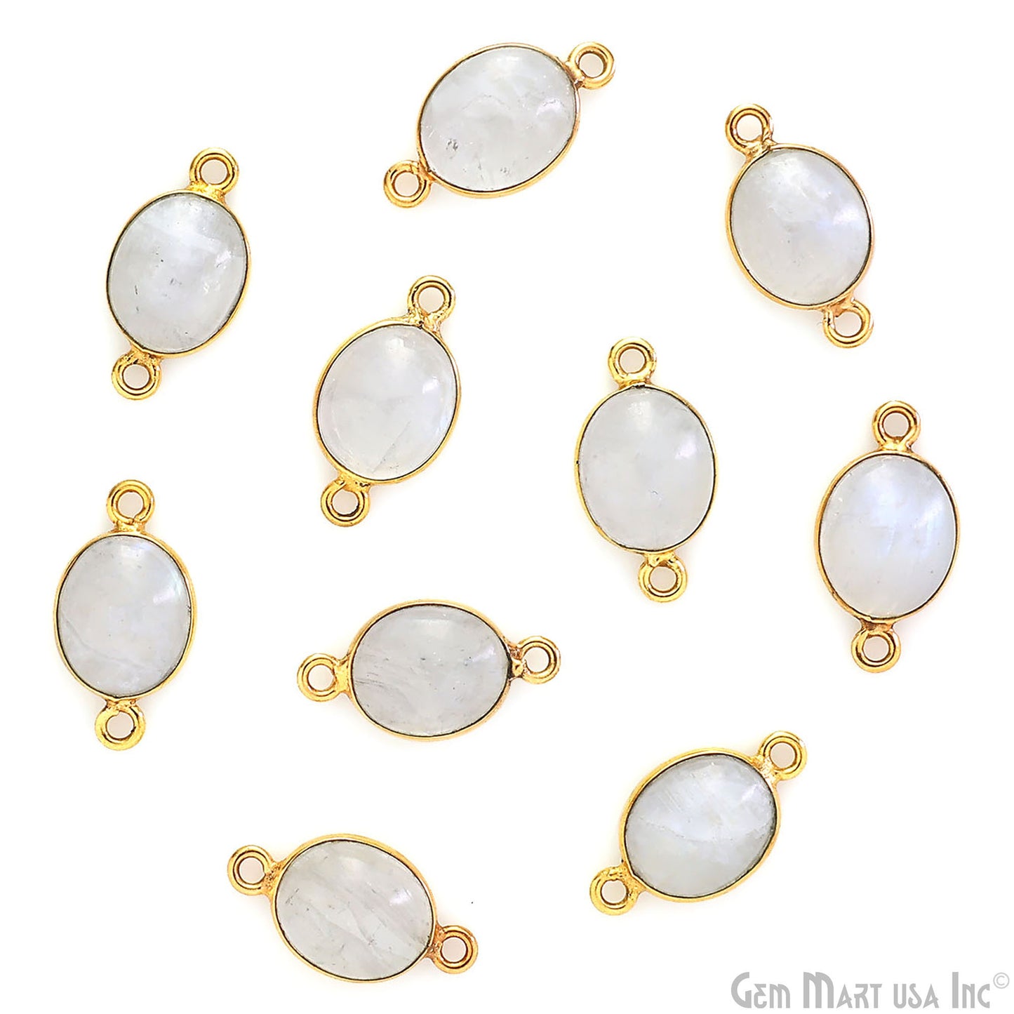 Rainbow Moonstone Cabochon 9x11mm Oval Gold Plated Double Bail Gemstone Connector